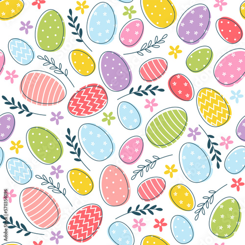 Easter seamless pattern: eggs, plants, flowers in pastel colors; for spring banners, posters, cover design templates, social mediawallpapers and greeting cards, fabrics. Flat vector illustration.