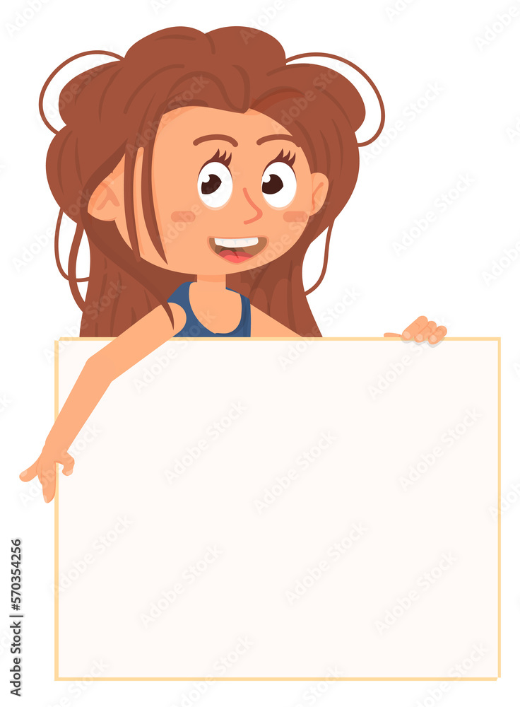 Pretty girl with white paper banner. Smiling kid Pretty girl with white paper banner. Smiling kid
