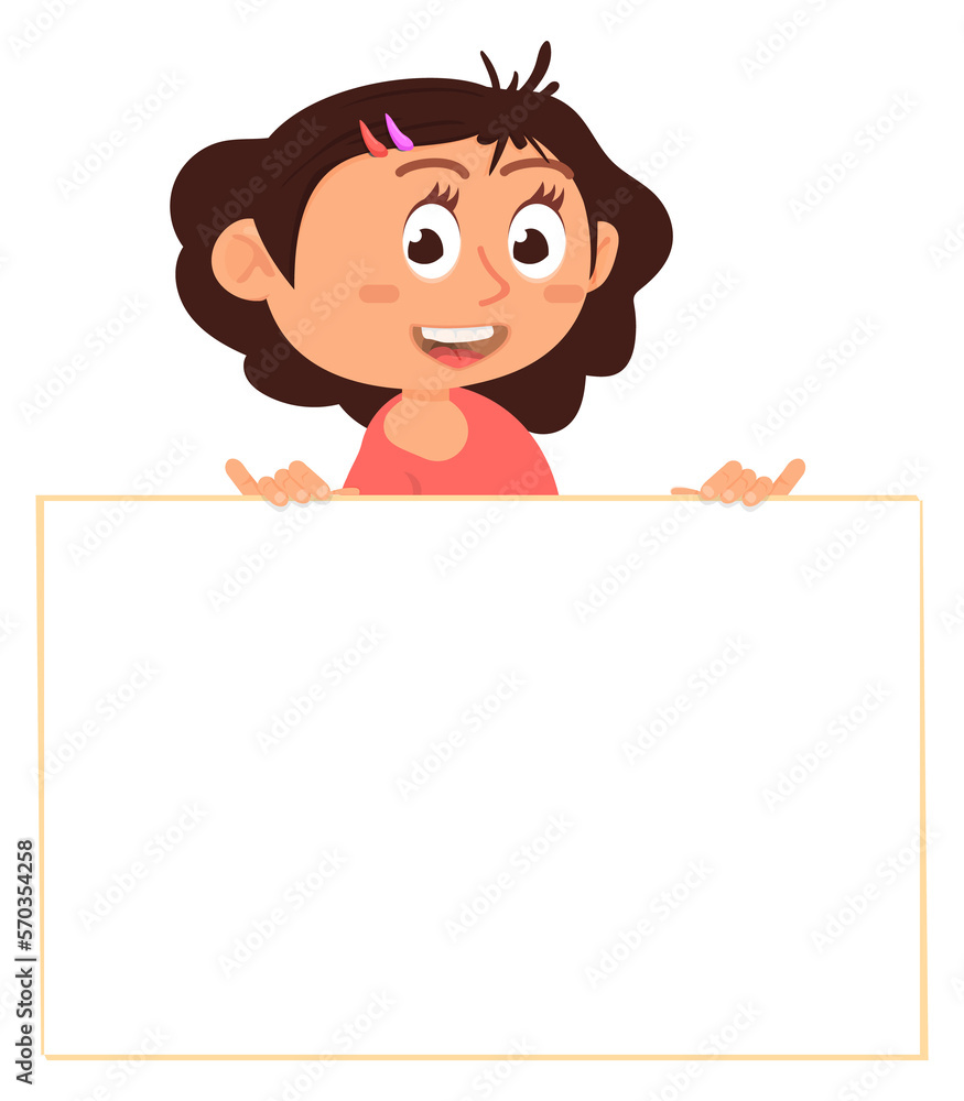 Funny cartoon girl holding white board. Blank banner template Funny cartoon girl holding white board. Blank banner template