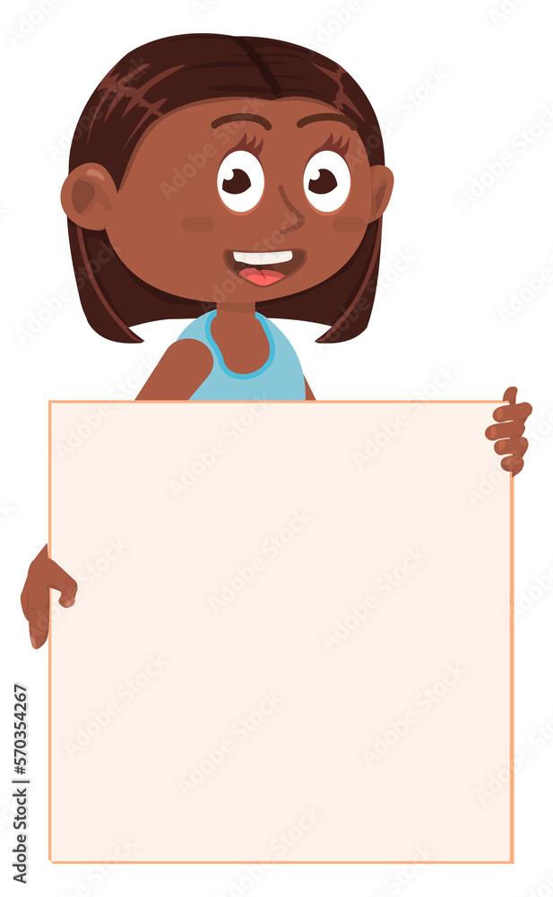 Black girl holding empty board. Cartoon kid with white banner Black girl holding empty board. Cartoon kid with white banner