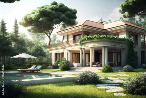 Villa with garden and pool, flowers, 3d render, generative ai © Nicola