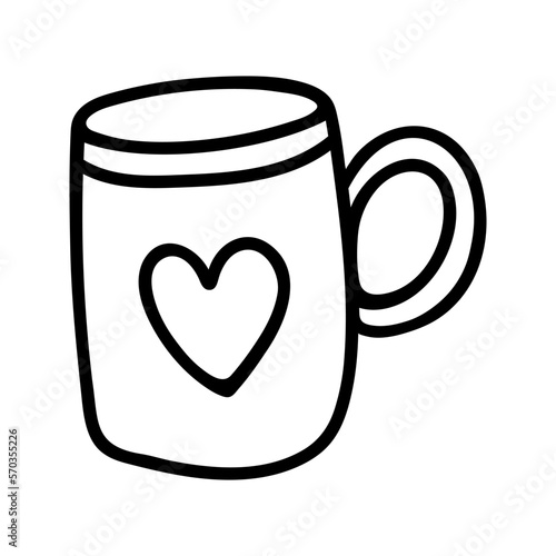 Hand drawn tea or cocoa mug with heart. Doodle vector illustration