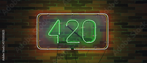 A 3D render of a "420" neon sign on a glass board, hanging on a brick wall.