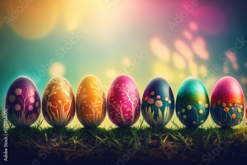 Colorfully painted row of Easter eggs sitting on the grass - Generative AI