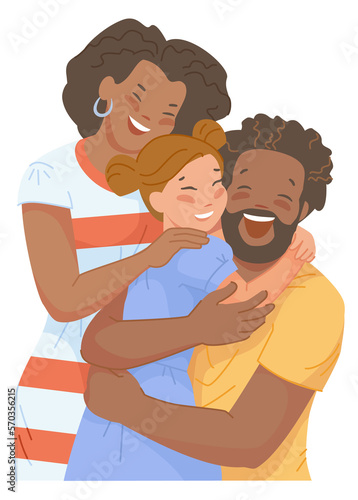 Black parents hugging caucasian girl. Family with adopted child