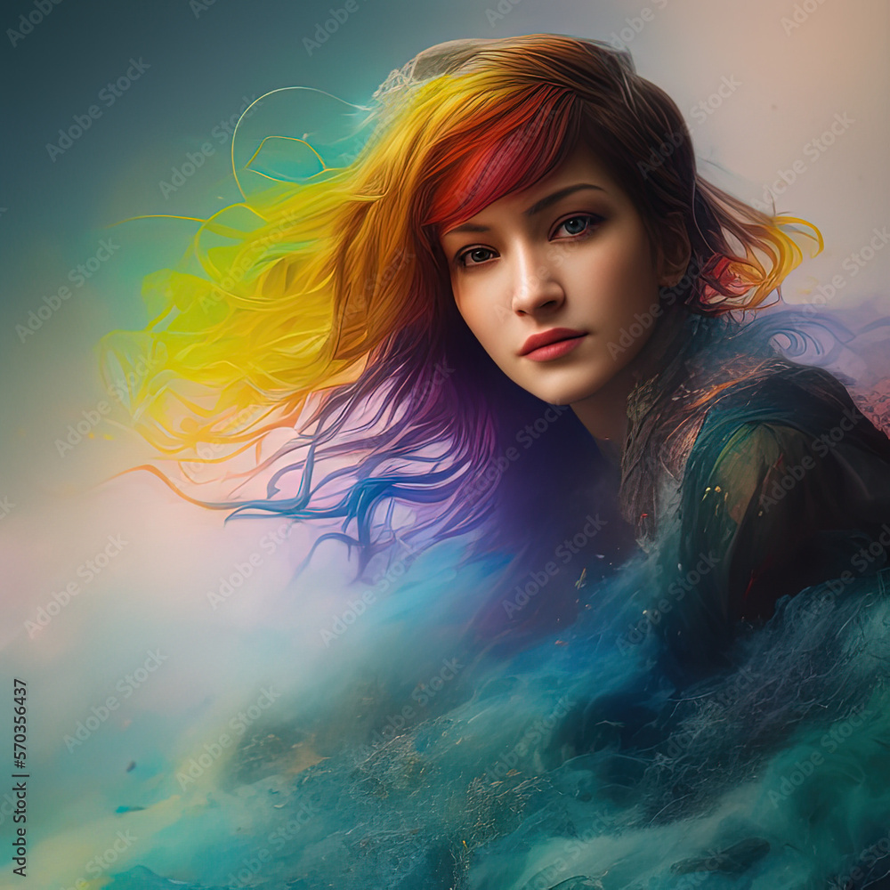 Generative AI abstract multicoloured long wavy hairs portrait of gorgeous woman with bright creative make up, abstract hairstyle. rainbow clouds, Beauty and fashion concept