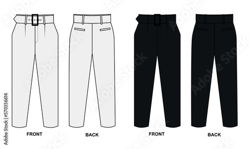 Set of outline drawings of women's trousers with a belt. Suit pants sketch in black and white. Set of fashion trousers template front and back view.