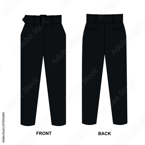 Sketch of classic trousers with belt and kaman, vector. Pants template front and back view. Illustration of trendy black pants outline isolate on white background.