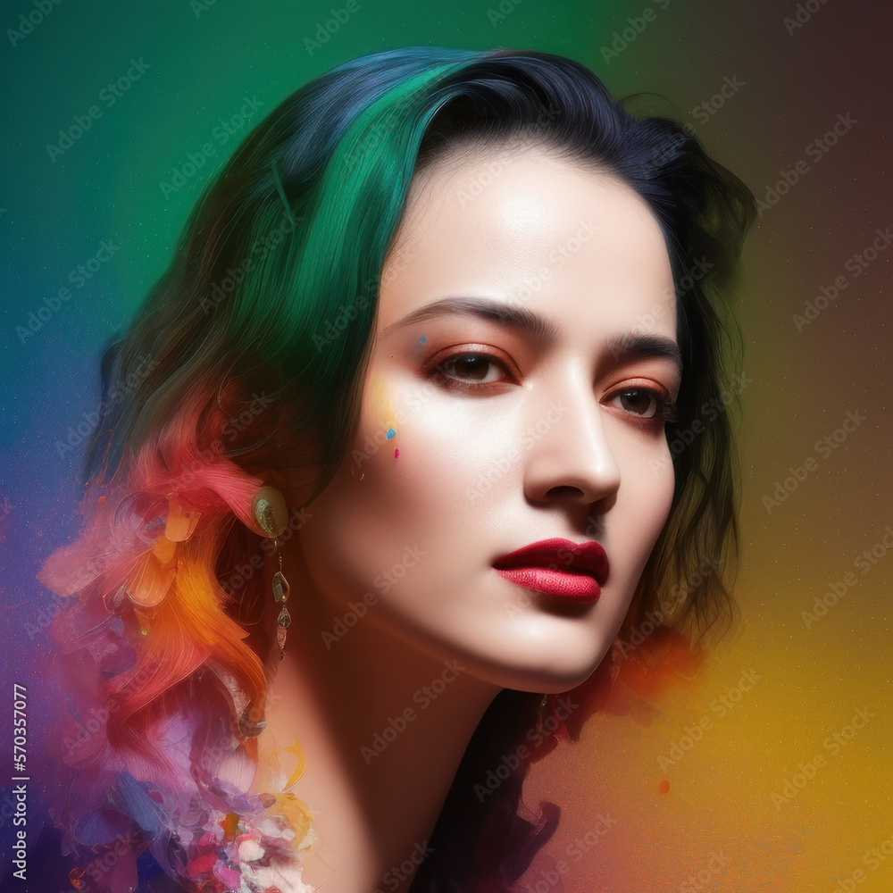 Generative AI abstract green long wavy hairs portrait of gorgeous woman with bright creative make up, abstract hairstyle. Beauty and fashion concept Generative AI abstract green long wavy hairs portrait of gorgeous woman with bright creative make up, abstract hairstyle. Beauty and fashion concept