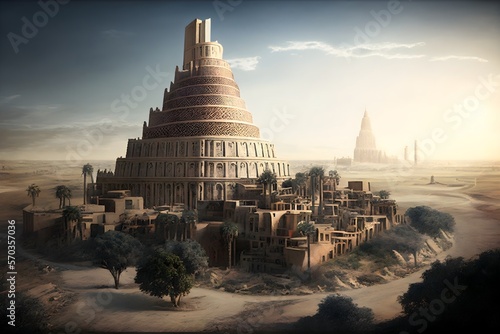 Print op canvas The ancient city of Babylon with the tower of Babel in the Babylonian Empire, th