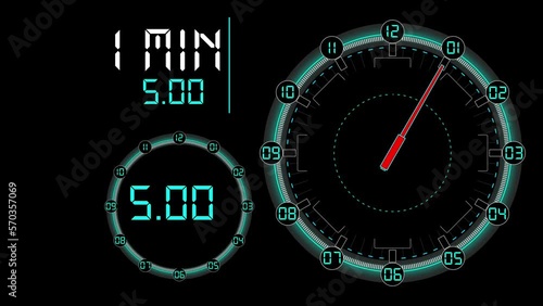 stopwatch 60 seconds animation on a black background in hud interface digital style. The futuristic look shows the minute hand and seconds in text photo