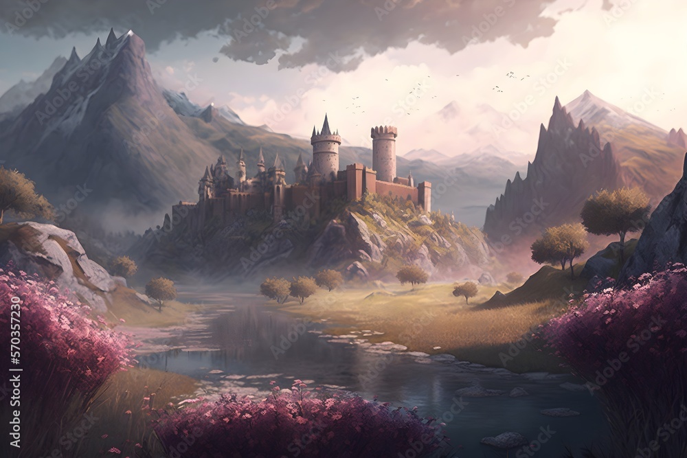 Illustration of a fairytale dreamlike castle, magical and mystical medieval kingdom