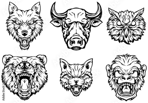 Head of bear, cat, monkey, owl, bull, wolf. Abstract character illustrations. Graphic logo design template for emblem. Image of portraits. 