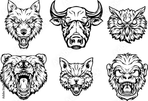 Head of bear  cat  monkey  owl  bull  wolf. Abstract character illustrations. Graphic logo design template for emblem. Image of portraits. 