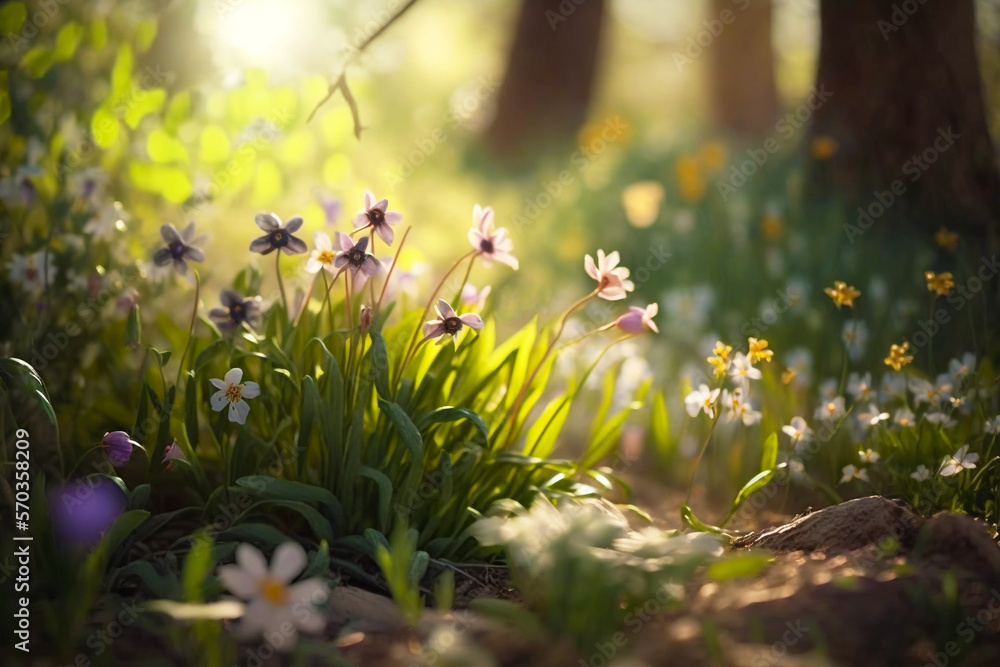 Fototapeta premium Flowers, with petals in pastel colors, swaying gently in the warm breeze, surrounded by lush green grass and tall trees, with shafts of sunlight filtering through the leaves, creating dappled shadows 