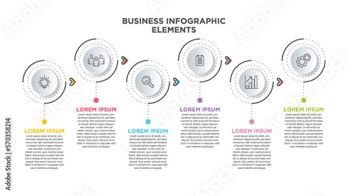 Business 6 step process chart infographics with step circles. Simple infographic design template. Flat vector illustration for presentation, report.