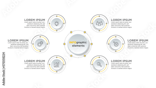 Business 6 step process chart infographics with step circles. Simple infographic design template. Flat vector illustration for presentation, report.