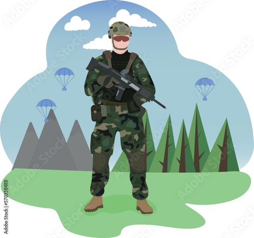 military in uniform concept with a machine gun on the background of mountains and forest with a parachute vector illustration