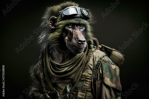 Portrait of a baboon monkey dressed in a tactical military uniform, generative ai