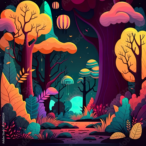 Colorful background of flowers  trees and plants at night in cartoon style. Generative AI