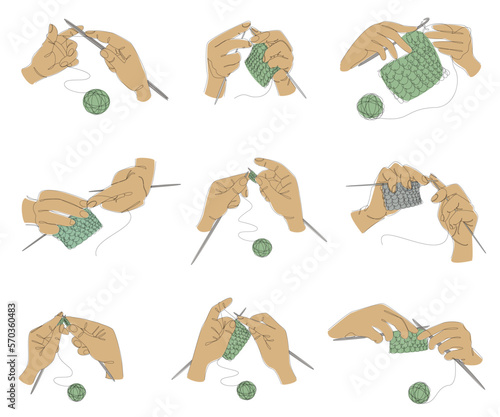 Collection. Knitting with threads. Hands of man, woman in modern trendy style with one line. Solid line, outline for decor, posters, stickers, logo. Vector illustration set.