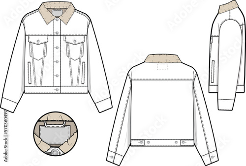 Women cropped sherpa denim jean jacket trucker vector flat technical drawing illustration mock-up template for design and tech packs fashion CAD streetwear fashion brand design resource file slim.