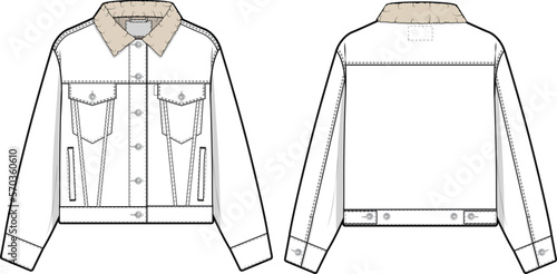Women cropped sherpa denim jean jacket trucker vector flat technical drawing illustration mock-up template for design and tech packs fashion CAD streetwear fashion brand design resource file slim.