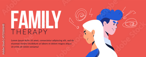 Family conflict banner. Couple quarreling, husband and wife arguing. Family psychotherapy. Councelling about relationship problems, breakup, divorce. For webpages, slides, liflets EPS10