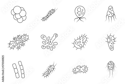 set of bacteria and virus vector illustration in outline style. Disease-causing bacterias, viruses and microbes.