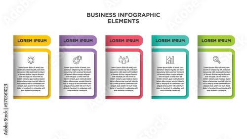 Infographics business template. Visualization of 5-stepped business process. Simple infographic design template. Flat vector illustration for presentation, report.