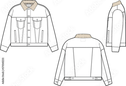 Men unisex oversized sherpa denim jean jacket trucker vector flat technical drawing illustration mock-up template for design and tech packs fashion CAD streetwear fashion brand design resource baggy.