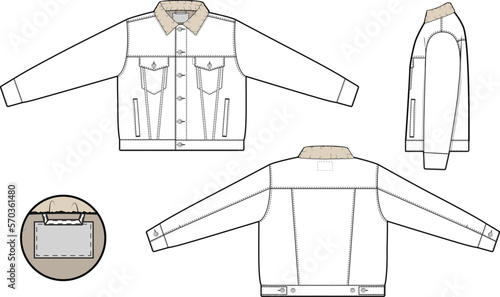 Women oversized sherpa denim jean jacket trucker vector flat technical drawing illustration mock-up template for design and tech packs fashion CAD streetwear fashion brand design resource file baggy.
