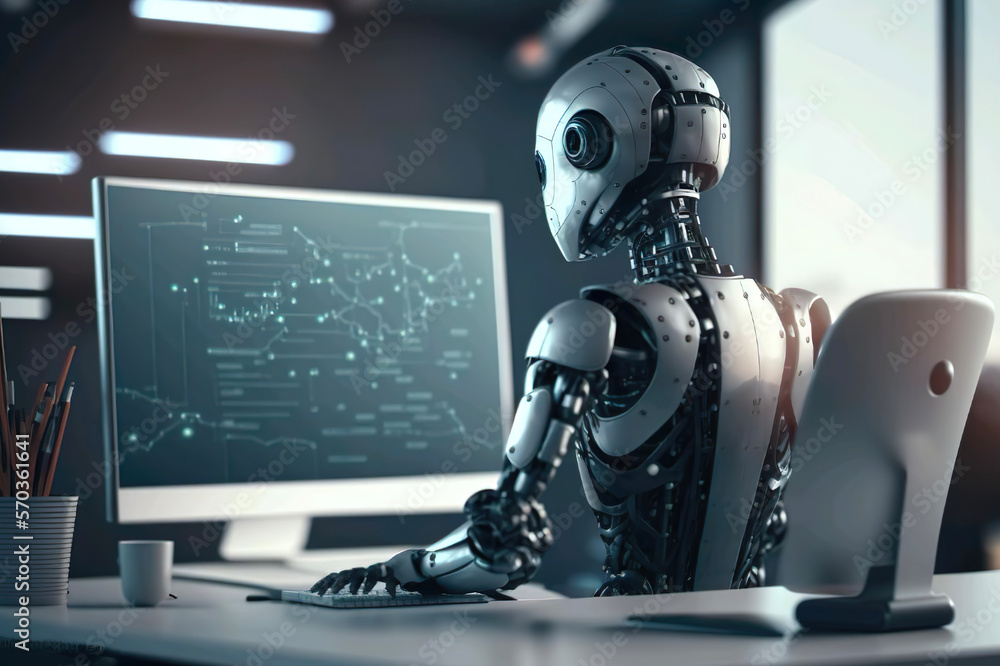 A humanoid robot sits at a table using a computer as artificial intelligence. Artificial intelligence. Android. ai generated. A humanoid robot sits at a table using a computer as artificial intelligence. Artificial intelligence. Android. ai generated.