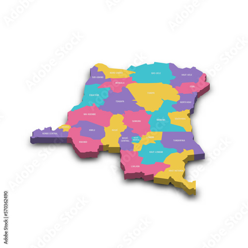 Democratic Republic of the Congo political map of administrative divisions - provinces. Colorful 3D vector map with dropped shadow and country name labels.