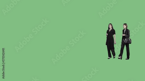 Two young women in business black dresses are walking  together and discussing. Transparet background