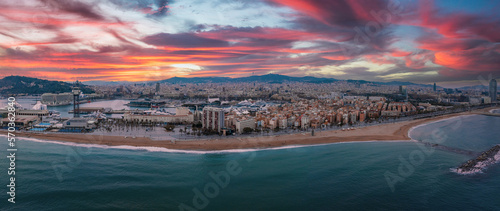 Barcelona central beach aerial view Sant Miquel Sebastian plage Barceloneta district catalonia