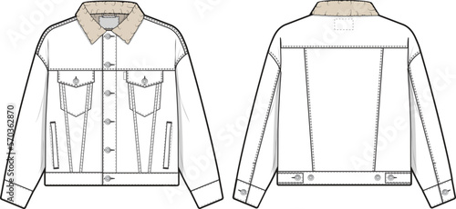 Unisex Men Sherpa denim jean jacket trucker vector flat technical drawing illustration mock-up template for design and tech packs fashion CAD streetwear fashion brand design resource file regular fit
