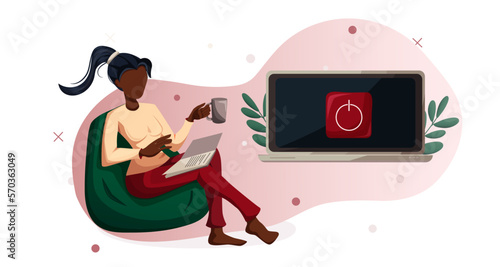 National Day of Unplugging. a black woman is reading a book, the computer is turned off. Concept illustration rejection of gadgets.
