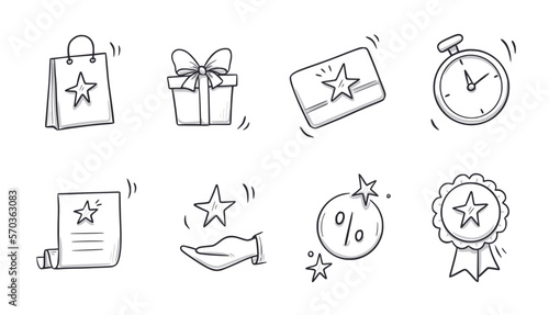 Doodle gift, discount coupon icon set. Hand drawn sketch style bonus prize, loyalty program icon. Money reward program offer doodle. Vector illustration