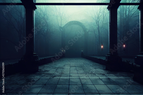 Fotobehang A Foggy Stone Path Leading to An Archway