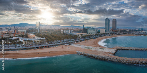 Barcelona central beach aerial view Sant Miquel Sebastian plage Barceloneta district catalonia