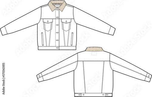 Women sherpa denim jean jacket trucker vector flat technical drawing illustration mock-up template for design and tech packs fashion CAD streetwear fashion brand design tool resource file regular fit.