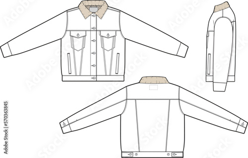 Women sherpa denim jean jacket trucker vector flat technical drawing illustration mock-up template for design and tech packs fashion CAD streetwear fashion brand design tool resource file regular fit.