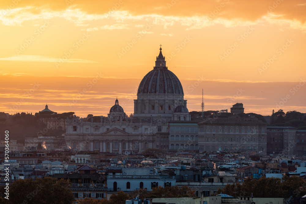 Old Historic Buildings in Downtown City of Rome, Italy. Cloudy Sunny Sunset Sky.