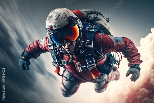 Skydiver in a jumpsuit freefalling above the clouds , Generative ai

