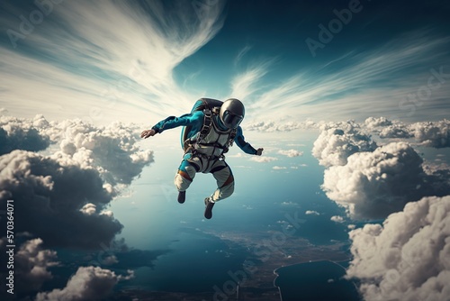 Skydiver in a jumpsuit freefalling above the clouds , Generative ai 