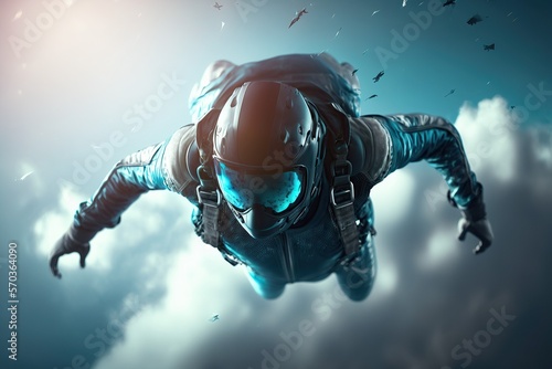 Skydiver in a jumpsuit freefalling above the clouds , Generative ai 