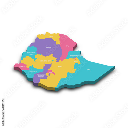Ethiopia political map of administrative divisions - regions and chartered cities. Colorful 3D vector map with dropped shadow and country name labels.