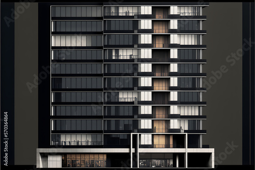 Contemporary apartment building, modern architecture, retail base with large windows, neural network generated art. Digitally generated image. Not based on any actual person, scene or pattern.