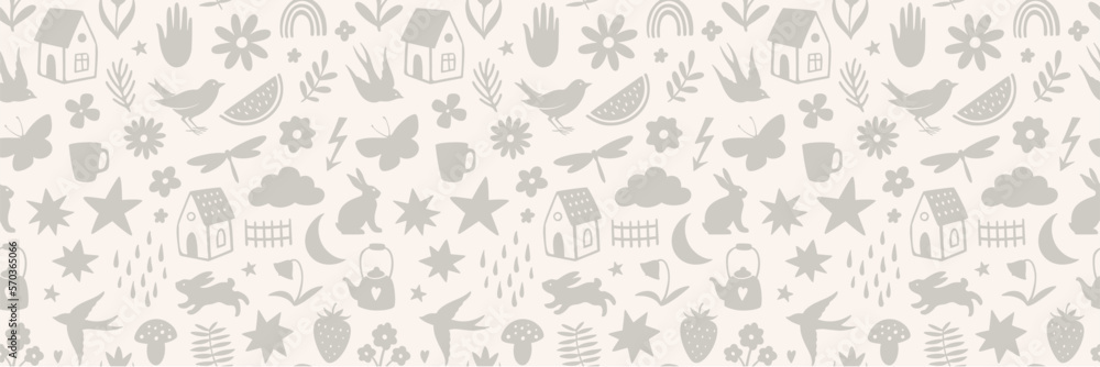 Hand drawn seamless pattern with doodle silhouette objects. Animals, stars, flowers, cute little symbols. Perfect for textile or paper wrapping design. Vector illustration Hand drawn seamless pattern with doodle silhouette objects. Animals, stars, flowers, cute little symbols. Perfect for textile or paper wrapping design. Vector illustration